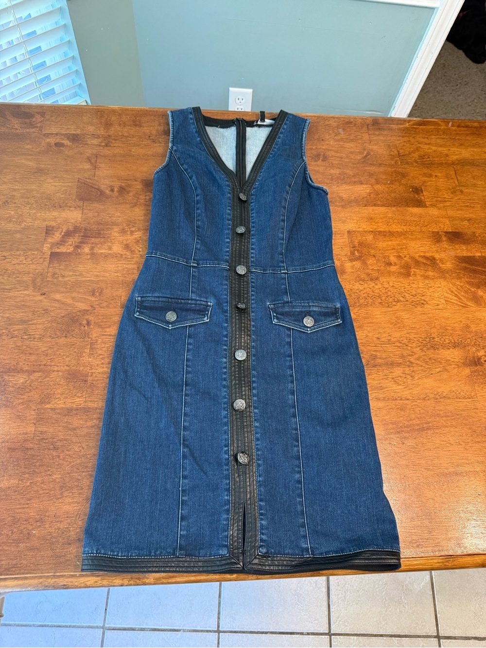 White House Black Market Denim Couture Dress Faux Leather Trim Sleeveless Size 2